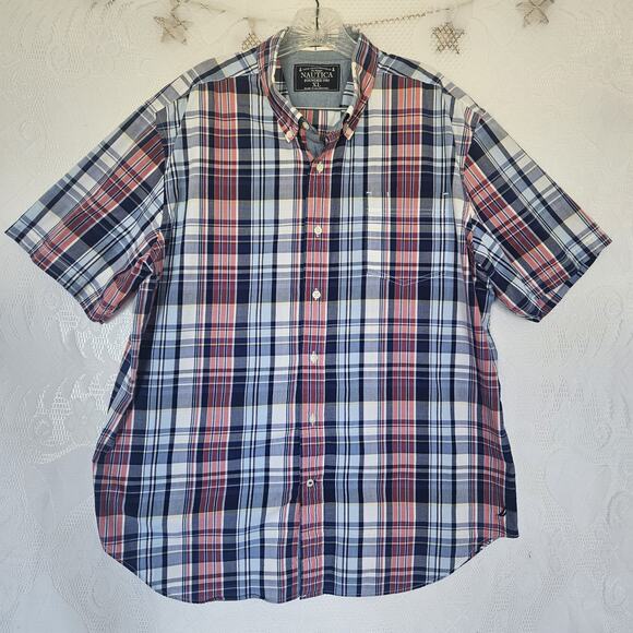 Nautica Mens XLarge Sea Voyage Plaid Classic Button Up Shirt Cotton Patriotic - Picture 1 of 11